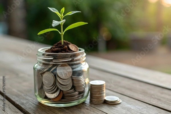 Fototapeta A jar filled with coins and a plant growing out of it