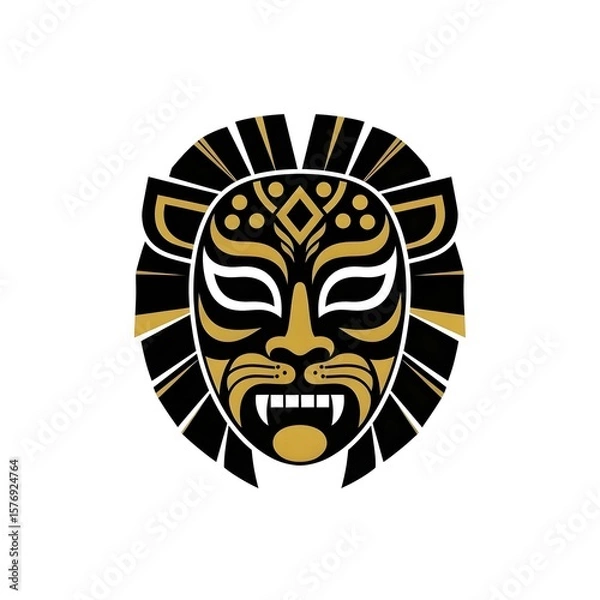 Fototapeta vector style illustration of a black and gold Mexican wrestling mask made to look like a lion, king of the jungle, lion head, stylized lion, graphic illustration, jungle animal, lucha libre