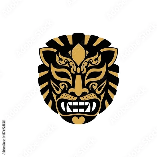 Obraz vector style illustration of a black and gold Mexican wrestling mask made to look like a lion, king of the jungle, lion head, stylized lion, graphic illustration, jungle animal, lucha libre