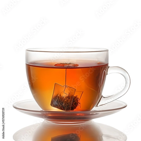 Obraz Brewing aromatic tea. Cup with teabag isolated on white transparent