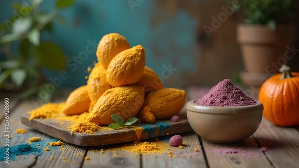 Fototapeta Celebrating the Vibrant Festival of Colors with Traditional Sweets and Festive Powders on Wooden Surface