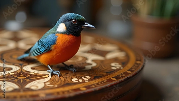 Fototapeta Captivating portrait of a colorful rufous-bellied niltava perched on a beautifully inlaid wooden surface with elegant designs