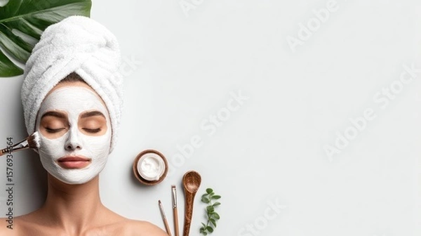 Fototapeta Woman receiving facial treatment, overhead view