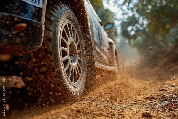Fototapeta Close-up of rally car tire kicking up dirt on a rural track during a time trial 