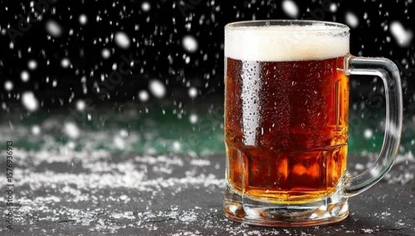 Fototapeta A glass mug of amber beer on a dark surface, with snowflakes falling in the background