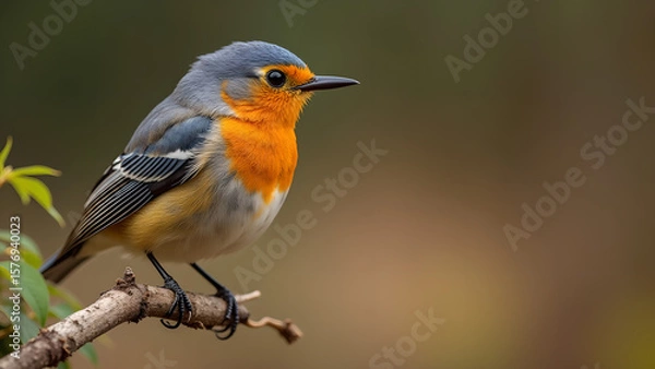 Fototapeta Close up of a colorful robin bird perched on a branch in nature scenery wildlife