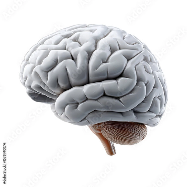 Fototapeta Highly Detailed 3D Render of Human Brain, Anatomical Structure, Curved Gyri and Sulci, Medical Illustration on White Background