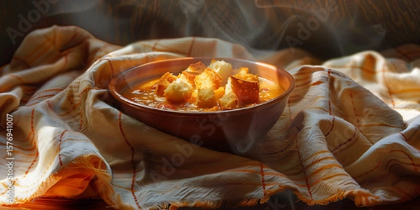 Fototapeta Steaming Hot Soup in Rustic Bowl on Textured Cloth


