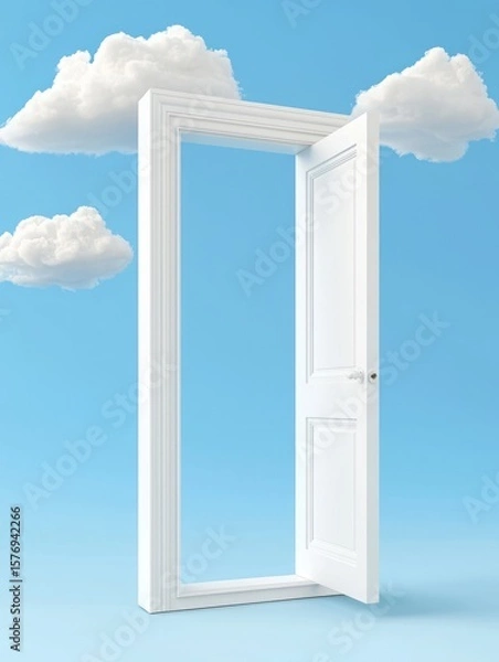 Fototapeta Escape exit minimalist. A white door opens in mid-air against a blue sky, revealing fluffy white clouds, symbolizing freedom, opportunity, and imagination.