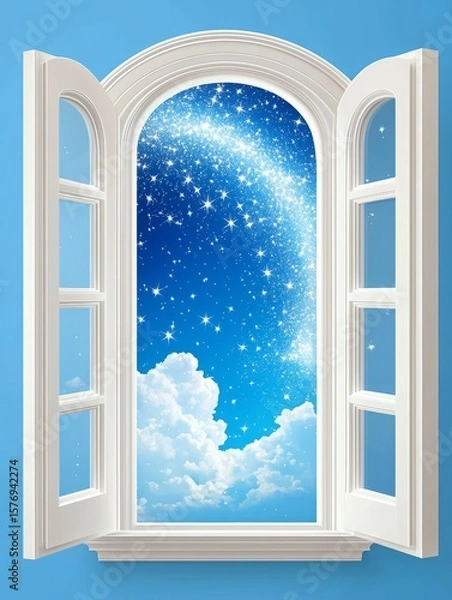 Fototapeta Escape exit minimalist. A white open window reveals a vibrant blue sky filled with fluffy clouds and a sparkling trail of stars, blending day and night in a surreal scene.