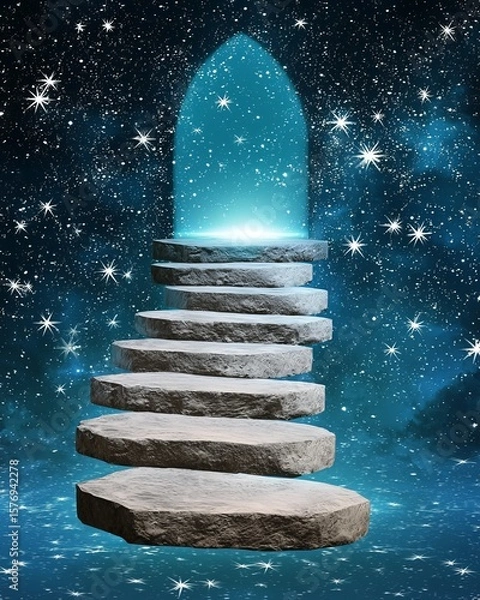 Fototapeta Escape exit minimalist. A surreal floating stone staircase ascends into a starry cosmic sky, leading to a glowing arched doorway filled with radiant blue light.
