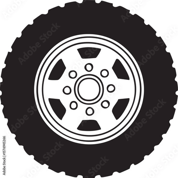 Obraz Black silhouette of a rugged off road tire and rim with a five spoke design on a white background