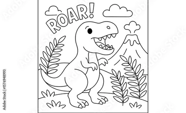 Fototapeta Fun dinosaur coloring page with roaring t-rex and volcano scene for kids