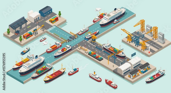 Fototapeta Isometric shipping port with cargo ships and cranes in a busy harbor scene