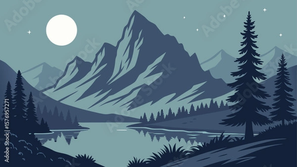 Fototapeta A beautiful winter forest landscape vector illustration with snow-covered trees, perfect for a holiday nature scene