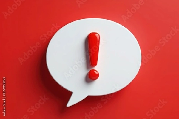 Fototapeta A bright red exclamation mark inside a white speech bubble on a vibrant red background symbolizing important notice or alert