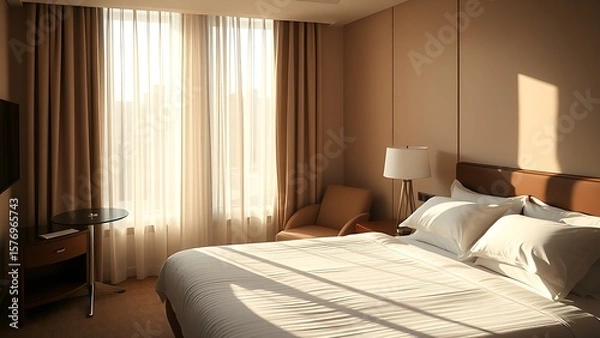 Fototapeta Stylish hotel room with crisp linens and morning sunlight filtering through sheer curtains.