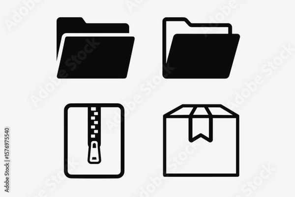 Obraz File and archive icons: folders, zipped files, packages in black and white