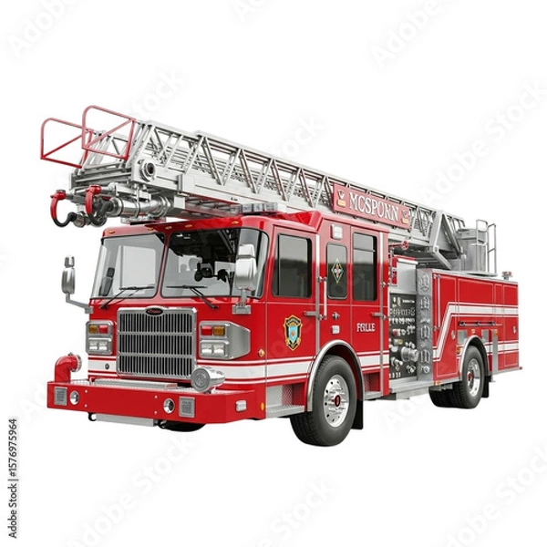 Fototapeta Red fire truck with extended ladder isolated on transparent background