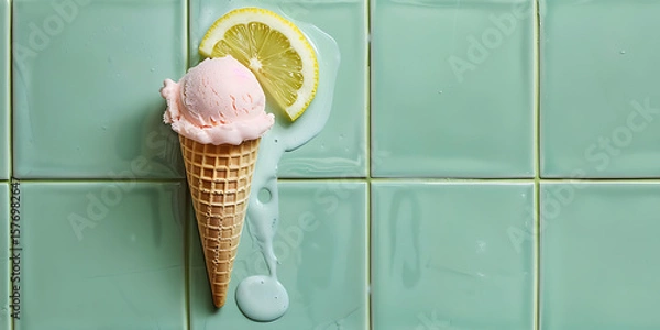 Fototapeta Ice Cream Cone with Lemon Slice on Teal Tiles

