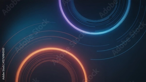 Fototapeta Abstract neon circles create a modern background with vibrant glowing blue, purple and orange light trails on dark teal.
