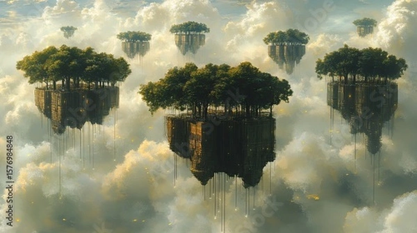 Fototapeta Floating islands adorned with trees in a cloudy sky.
