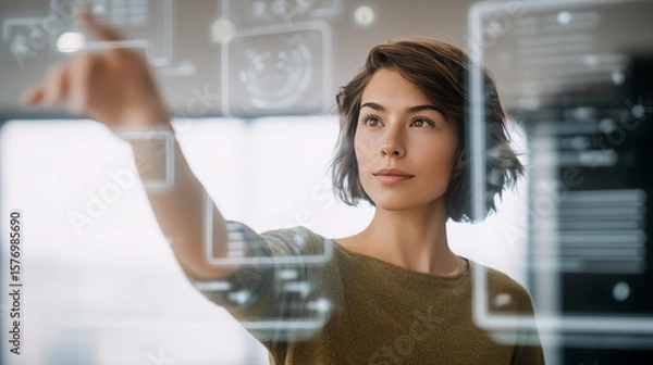 Fototapeta A focused young woman interacts with a transparent digital interface, engaging with futuristic technology in a modern workspace.