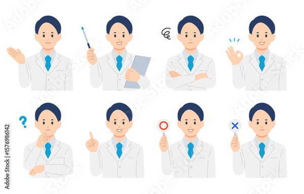 Obraz いろいろな表情･ポーズをする男性医師のセット【人物ベクターイラスト素材】