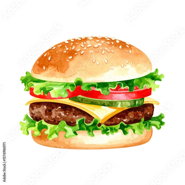 Fototapeta 신선한 야채와 부드러운 치즈와 고기 패티로 구성된 수채화 그림체의 햄버거