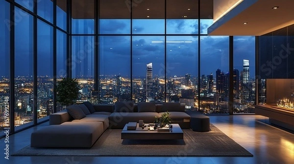 Fototapeta Luxurious penthouse apartment with stunning panoramic city skyline view