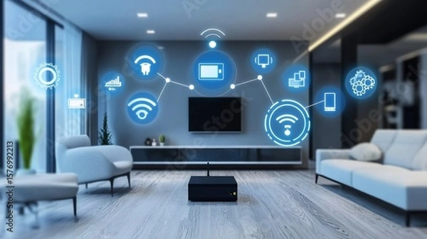 Fototapeta Smart home automation concept: Wireless technology in a modern living room