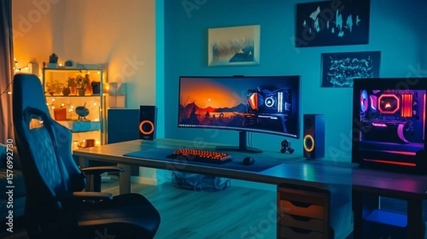 Fototapeta Immersive gaming setup showcasing vibrant rgb lighting and ergonomic design
