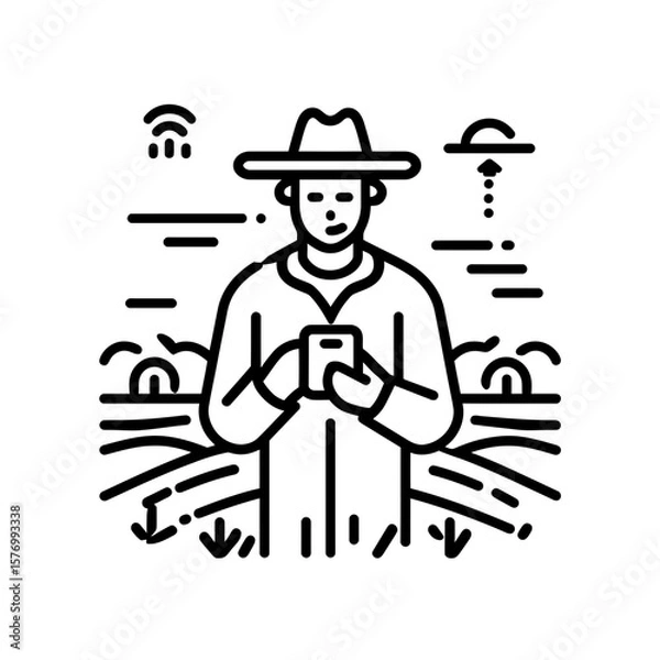 Fototapeta Black and white outline vector icon illustrating farmer with smartphone in advanced agricultural setting, concept for digital agriculture platforms, rural connectivity solutions, and modern farming