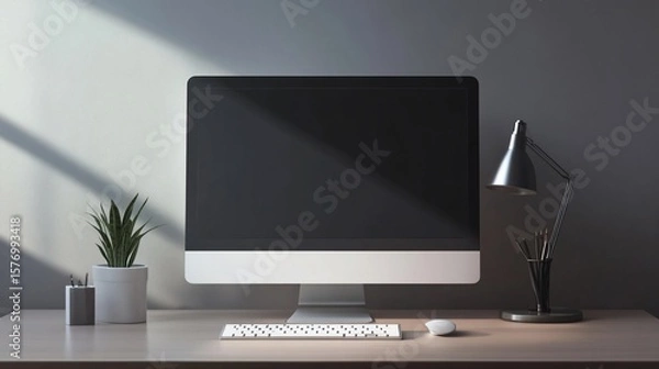 Fototapeta Minimalist workspace featuring a sleek computer setup with natural light
