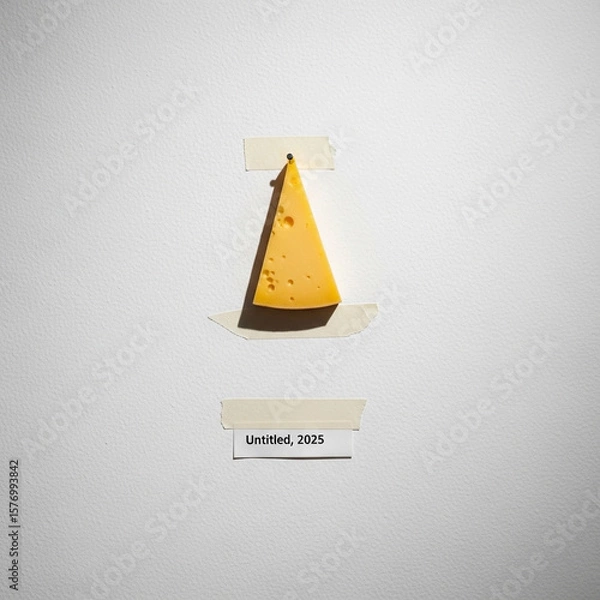 Fototapeta A wedge of cheese is taped to a white wall with the label "Untitled, 2025" beneath it.