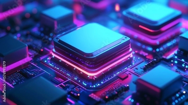 Fototapeta Advanced microchip technology with intricate neon lit circuit patterns