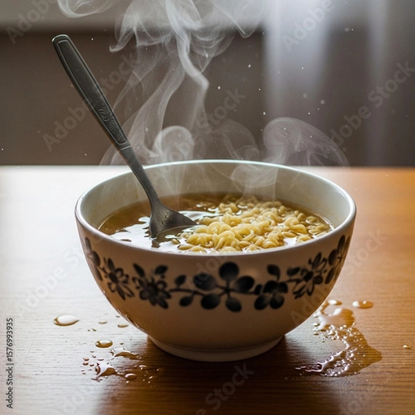 Fototapeta A steaming bowl of instant noodles on a wooden table.