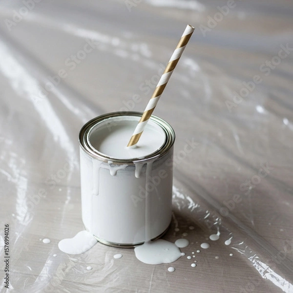 Fototapeta A paint can with white paint and a straw, with paint spilled on plastic.