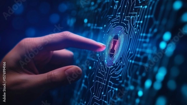 Fototapeta Futuristic Biometric Authentication: Finger Touching Digital Security Scan