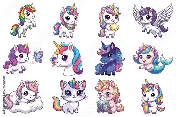 Obraz Cute Cartoon Unicorns and Fantasy Creatures Vector Set