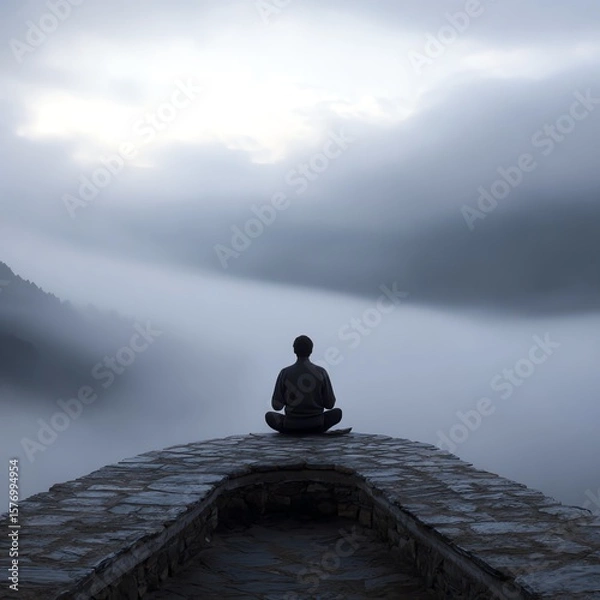 Obraz A person meditates alone on a stone platform overlooking a misty, tranquil mountain landscape enveloped in soft clouds.