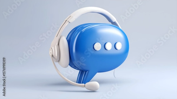 Fototapeta Communication Cloud: A modern illustration of a blue chat bubble wearing a headset. It embodies support, communication, and customer service. 