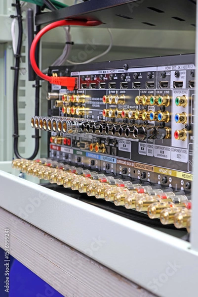 Fototapeta Rear panel of a high-quality AV receiver with multimedia connections for connecting speakers, analog and digital signals. 