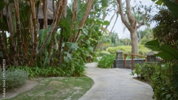 Fototapeta Blurred tropical resort pathway with lush greenery and exotic plants creates a serene outdoor luxury escape, offering a peaceful and inviting ambiance for relaxation.
