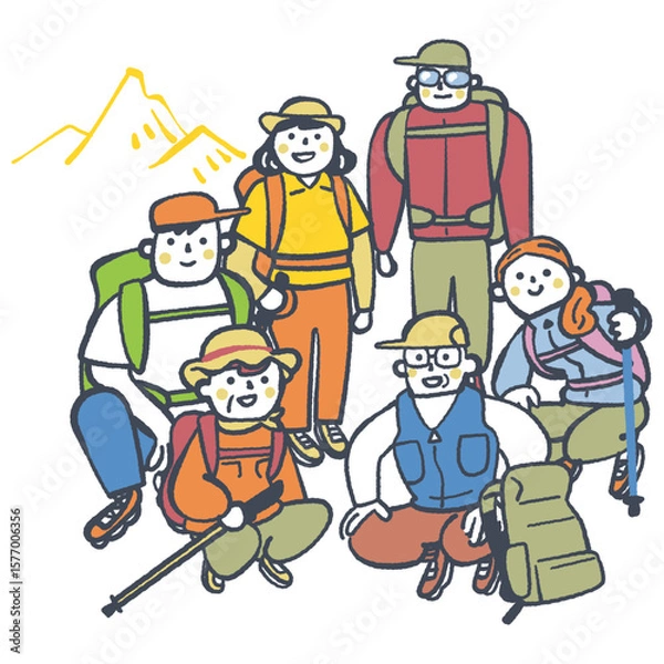 Fototapeta 山頂登山の達成　集合写真　ストックイラスト素材
