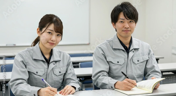 Obraz 研修を受ける作業服を着たアジア人の男女