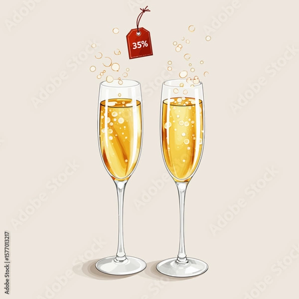 Fototapeta Two champagne flutes with bubbles and price tag on beige background  