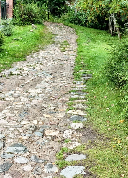 Fototapeta An old country winding road, paved with cobblestones, passes in the midst of thickets of bushes and grass, a vertical
