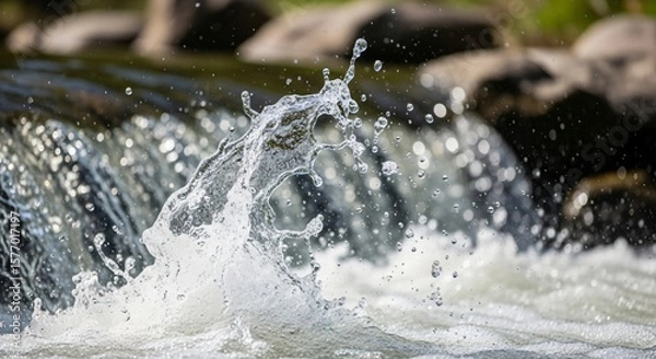 Obraz Water cascades over dark rocks in a fast-flowing mountain stream with motion blur creating a dynamic and refreshing natural landscape scene