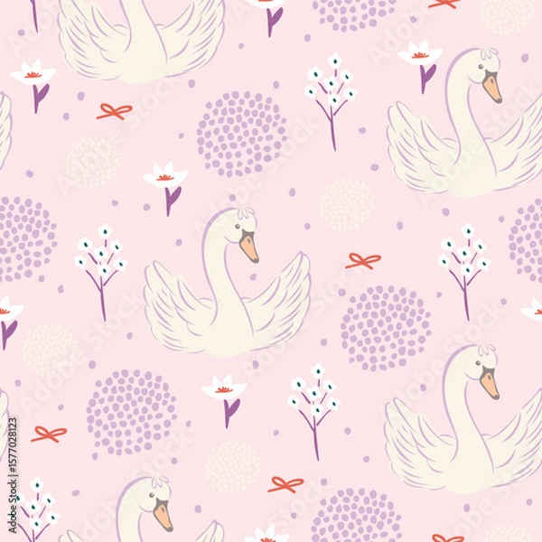 Fototapeta Seamless vector animal pattern. Cute, pastel background with swans, flowers, and bows. Elegant and dreamy surface design perfect for kids, girls, and romantic or fairytale-inspired projects.